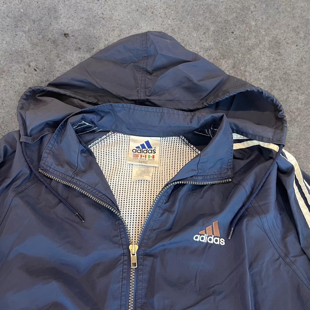 Vintage 90s Adidas Hooded Windbreaker Jacket Navy Blue Three Stripes Boxy Mens L